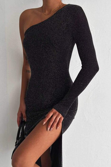 ONE SHOULDER OFF SHINY WOMAN DRESS BLACK/ E ZEZE - 4