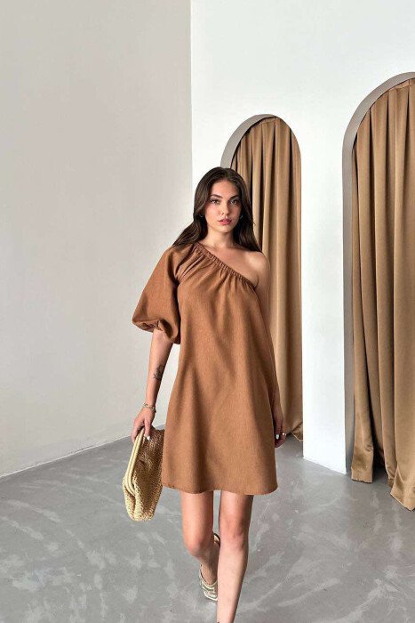ONE SHOULDER OFF SIMPLE WOMEN DRESS BROWN/KAFE - KLAUDIO FASHION