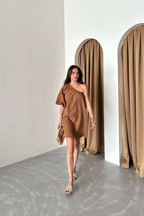 ONE SHOULDER OFF SIMPLE WOMEN DRESS BROWN/KAFE - 3