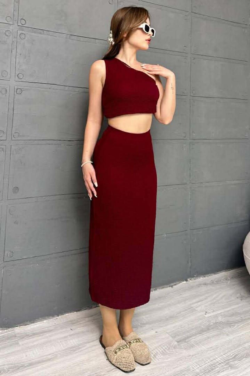 ONE SHOULDER OFF TANK TOP+TROUSERS WOMEN SET BURGUNDY/VISHNJE - 2
