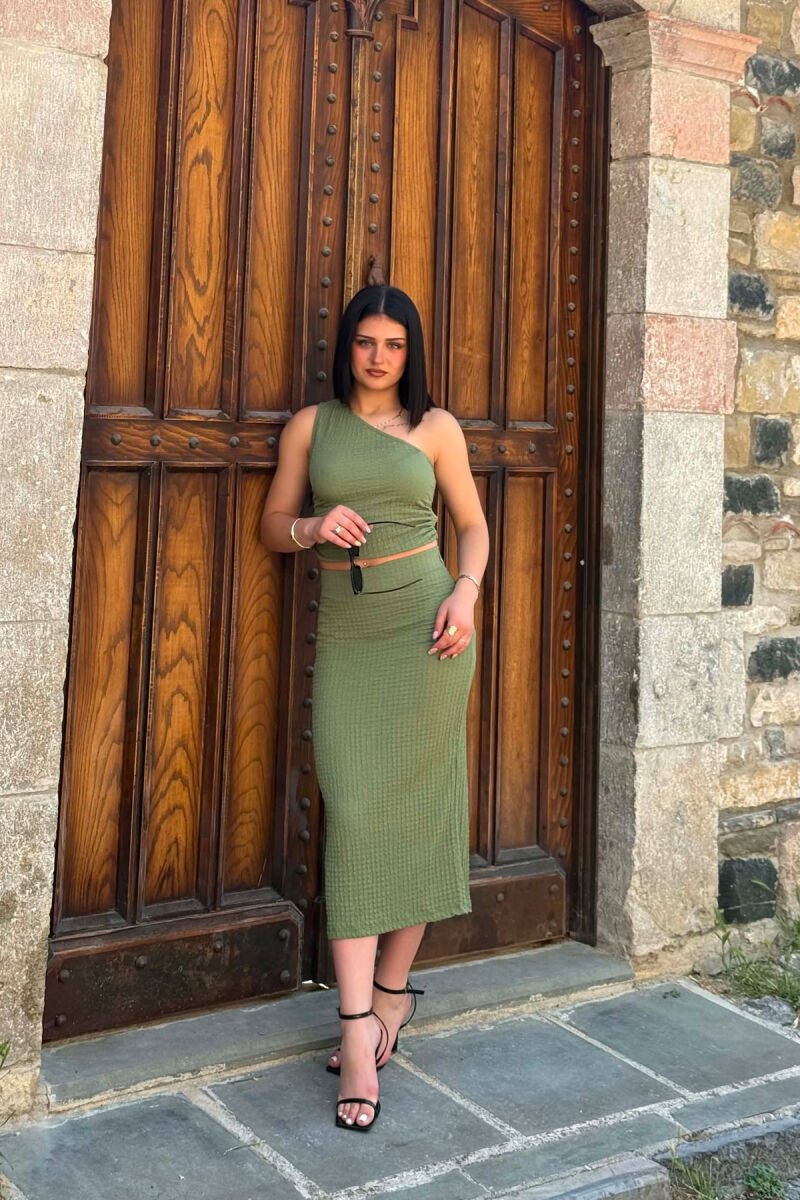 ONE SHOULDER OFF TANK TOP+TROUSERS WOMEN SET GREEN/JESHILE - 2