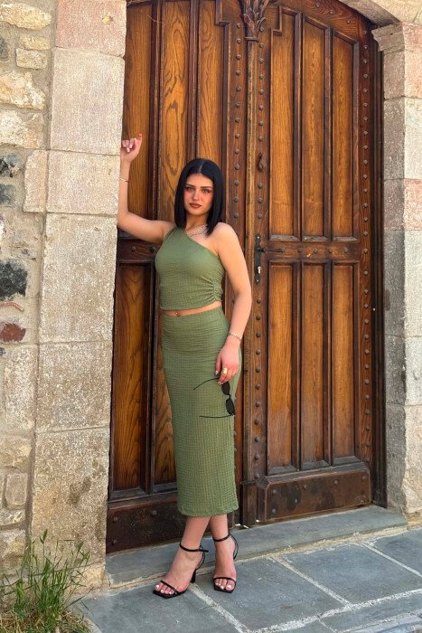ONE SHOULDER OFF TANK TOP+TROUSERS WOMEN SET GREEN/JESHILE - 4