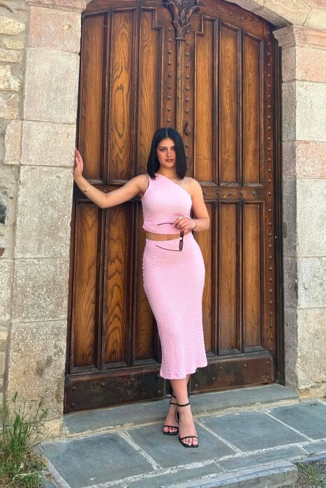 ONE SHOULDER OFF TANK TOP+TROUSERS WOMEN SET PINK/ROZE - 3