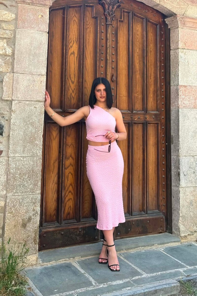 ONE SHOULDER OFF TANK TOP+TROUSERS WOMEN SET PINK/ROZE - 3