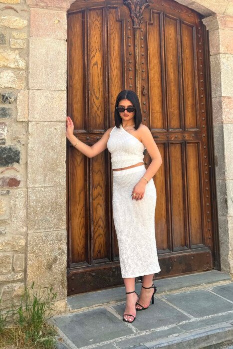 ONE SHOULDER OFF TANK TOP+TROUSERS WOMEN SET WHITE-E BARDHE - 2