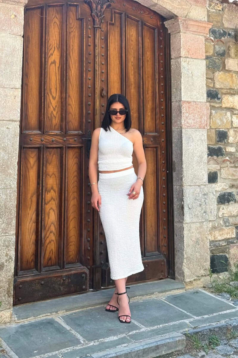 ONE SHOULDER OFF TANK TOP+TROUSERS WOMEN SET WHITE-E BARDHE - 4