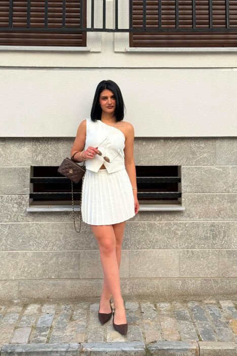 ONE SHOULDER OFF VEST+ SKORTS WOMAN SET WHITE-E BARDHE 