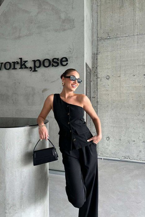 ONE SHOULDER OFF VEST+TROUSERS WOMEN SET BLACK/ E ZEZE - 4