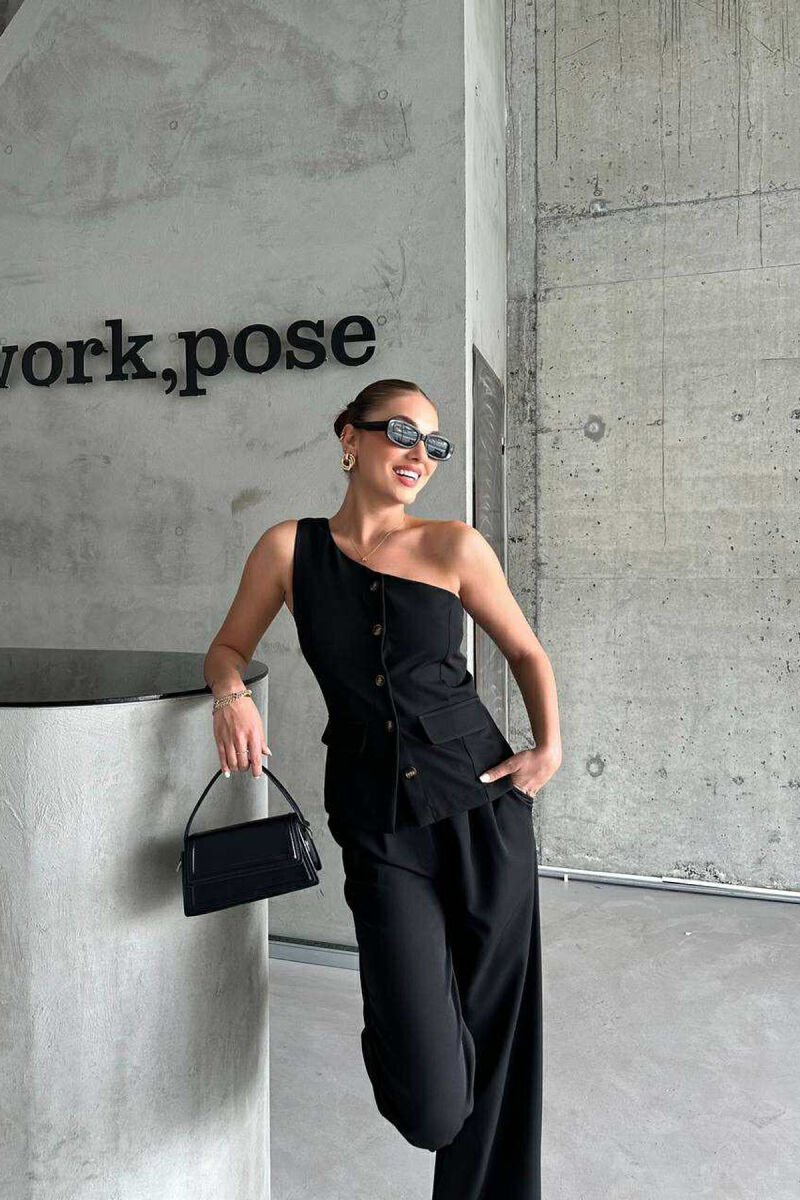 ONE SHOULDER OFF VEST+TROUSERS WOMEN SET BLACK/ E ZEZE - 4