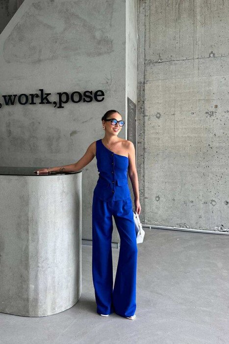 ONE SHOULDER OFF VEST+TROUSERS WOMEN SET BLUE/BLU - 1