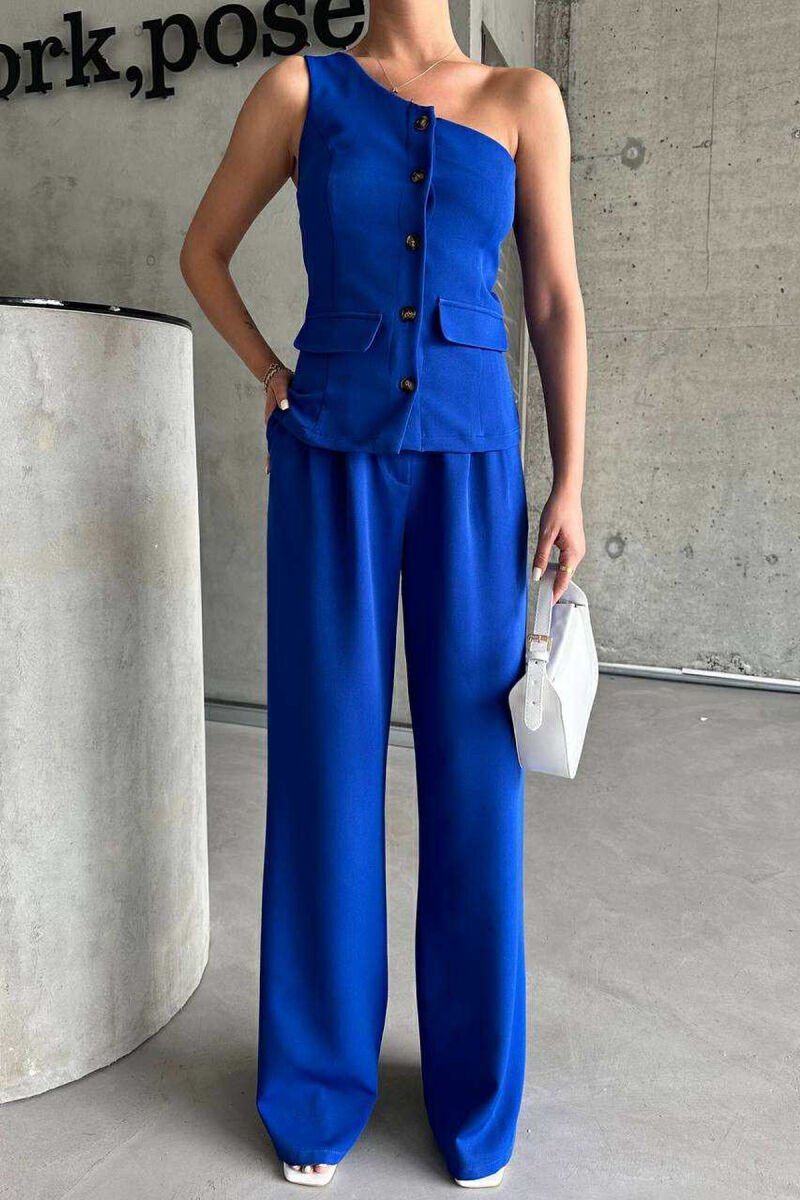 ONE SHOULDER OFF VEST+TROUSERS WOMEN SET BLUE/BLU - 3