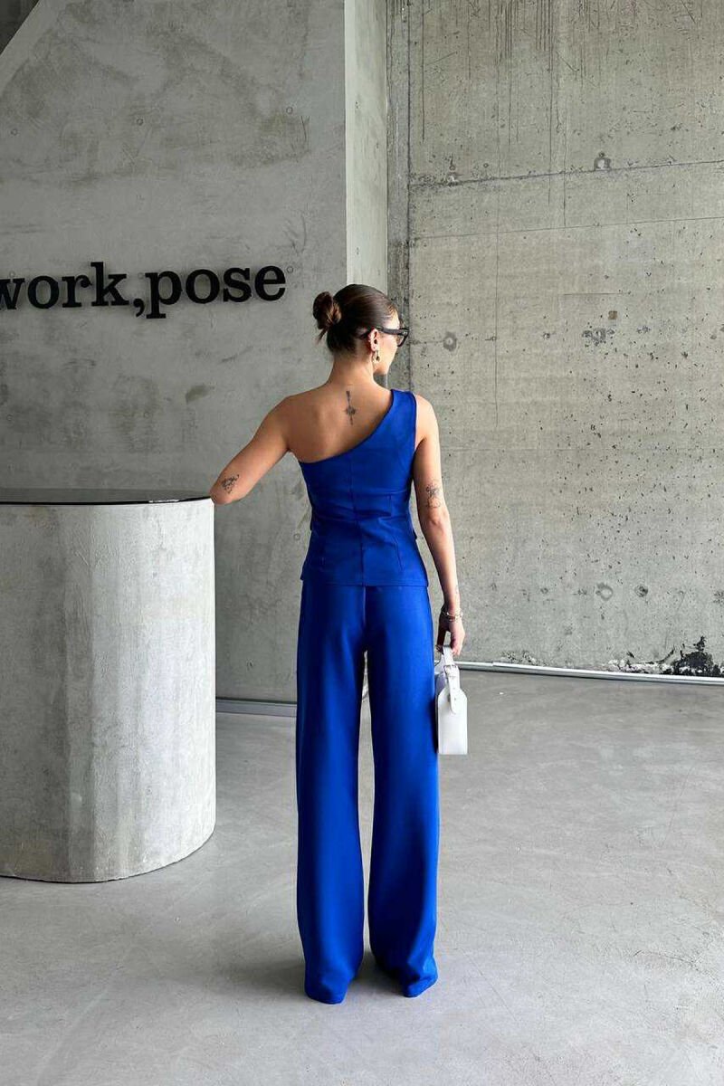 ONE SHOULDER OFF VEST+TROUSERS WOMEN SET BLUE/BLU - 4