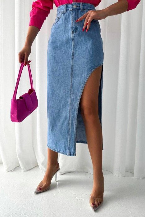 ONE SIDE OPEN DENIM LONG WOMEN SKIRT LIGHTBLUE/BZ - KLAUDIO FASHION