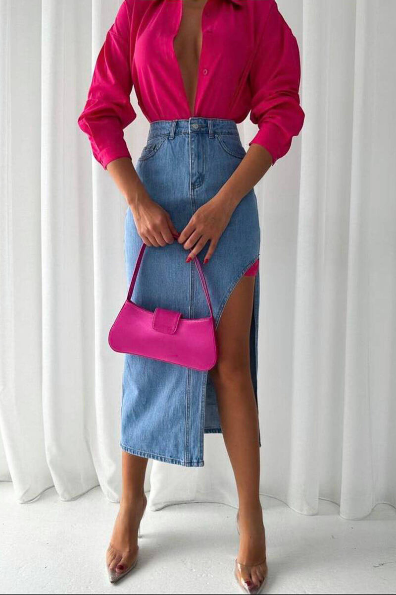 ONE SIDE OPEN DENIM LONG WOMEN SKIRT LIGHTBLUE/BZ - 2