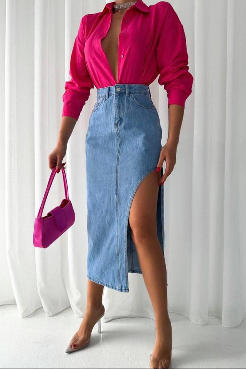 ONE SIDE OPEN DENIM LONG WOMEN SKIRT LIGHTBLUE/BZ - 3