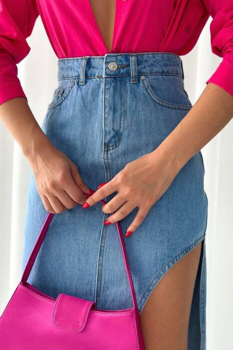 ONE SIDE OPEN DENIM LONG WOMEN SKIRT LIGHTBLUE/BZ - 4