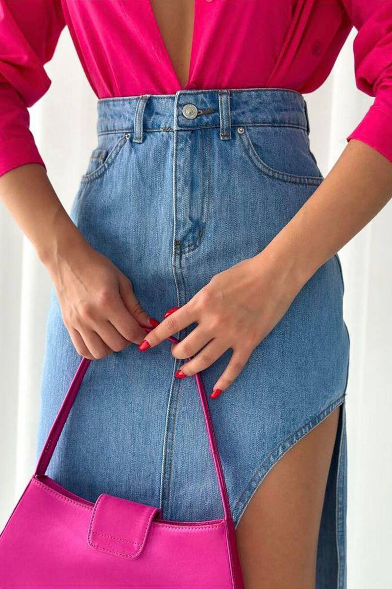 ONE SIDE OPEN DENIM LONG WOMEN SKIRT LIGHTBLUE/BZ - 4