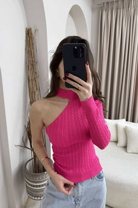 ONE SLEEVE SIMPLE WOMEN SWEATER FUCHSIA/CIKLAMI - 2