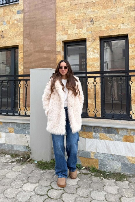 ONE COLOR FAUX FUR WOMAN COAT BEIGE/BEZHE - 4