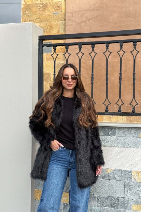 ONE COLOR FAUX FUR WOMAN COAT BLACK/ E ZEZE 