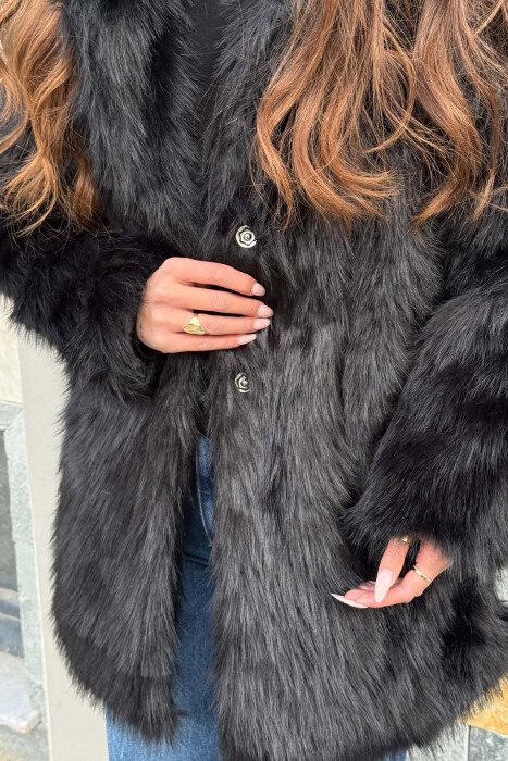 ONE COLOR FAUX FUR WOMAN COAT BLACK/ E ZEZE - 3