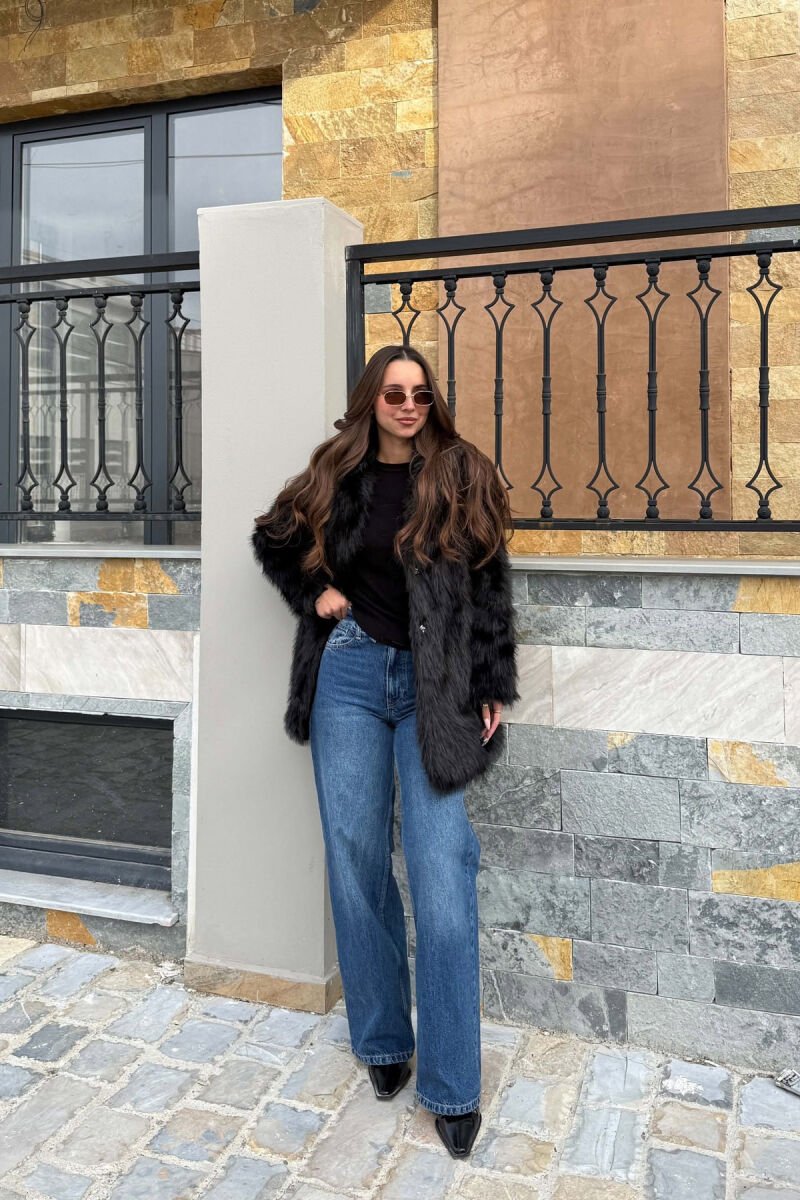 ONE COLOR FAUX FUR WOMAN COAT BLACK/ E ZEZE - 4