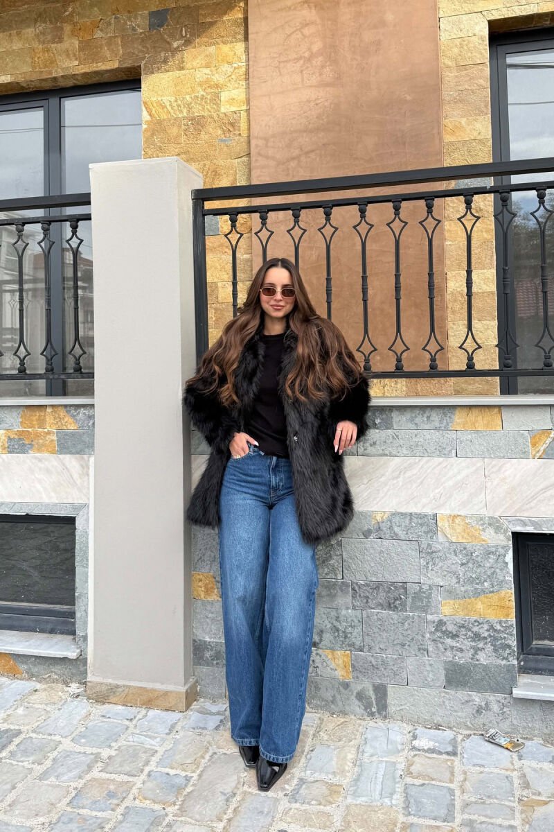 ONE COLOR FAUX FUR WOMAN COAT BLACK/ E ZEZE - 5