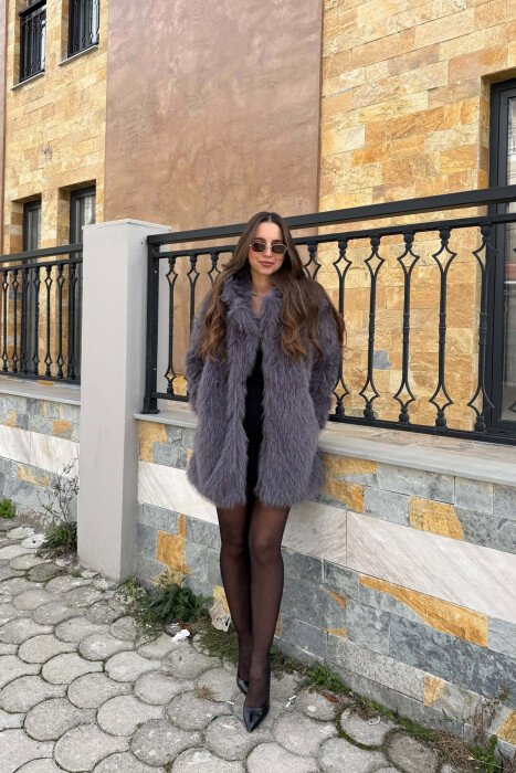 ONE COLOR FAUX FUR WOMAN COAT DARK GREY/GEE 