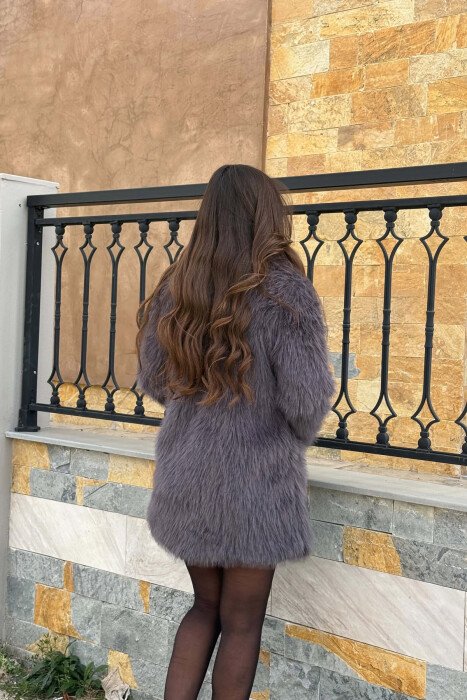 ONE COLOR FAUX FUR WOMAN COAT DARK GREY/GEE - 2