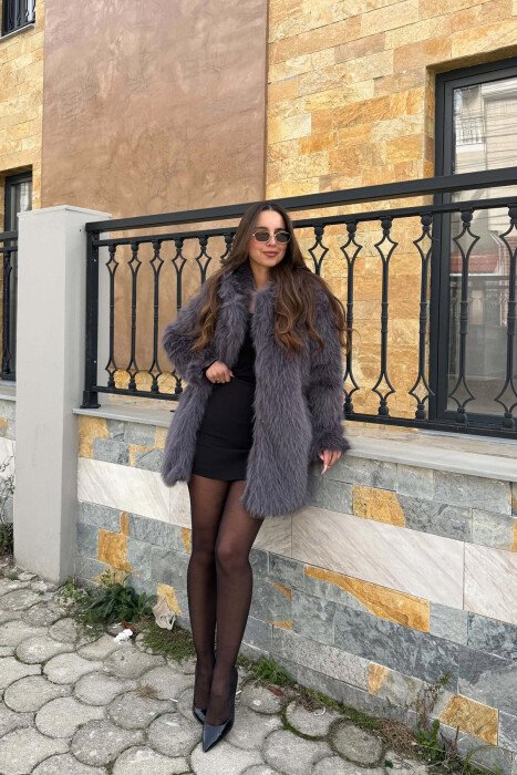 ONE COLOR FAUX FUR WOMAN COAT DARK GREY/GEE - 4