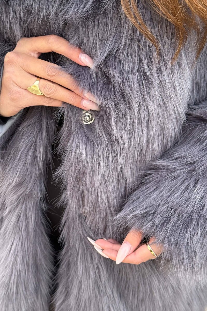 ONE COLOR FAUX FUR WOMAN COAT DARK GREY/GEE - 5