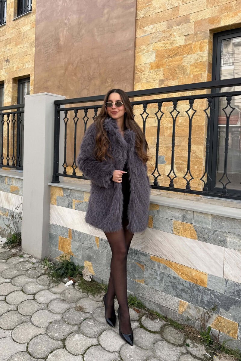 ONE COLOR FAUX FUR WOMAN COAT DARK GREY/GEE - 6