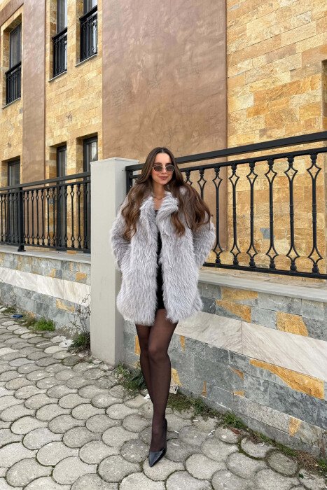 ONE COLOR FAUX FUR WOMAN COAT GREY/GRI - KLAUDIO FASHION