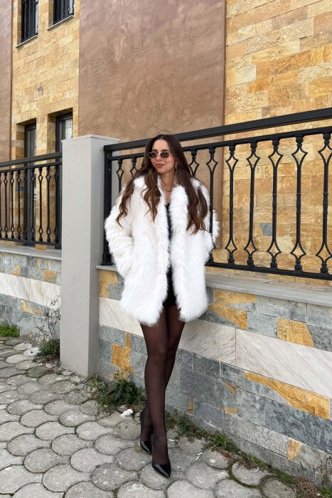 ONE COLOR FAUX FUR WOMAN COAT WHITE-E BARDHE 