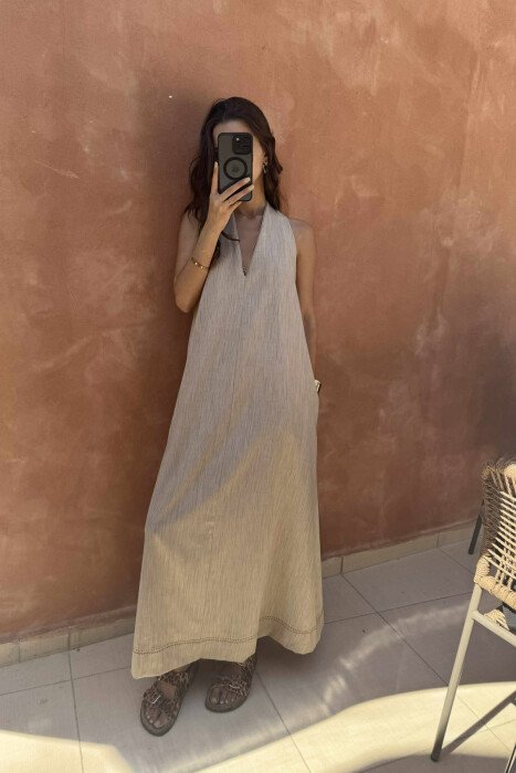 OPEN BACK ONE COLOR LONG WOMEN DRESS BEIGE/BEZHE 
