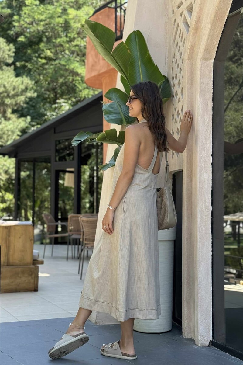 OPEN BACK ONE COLOR LONG WOMEN DRESS BEIGE/BEZHE - 8