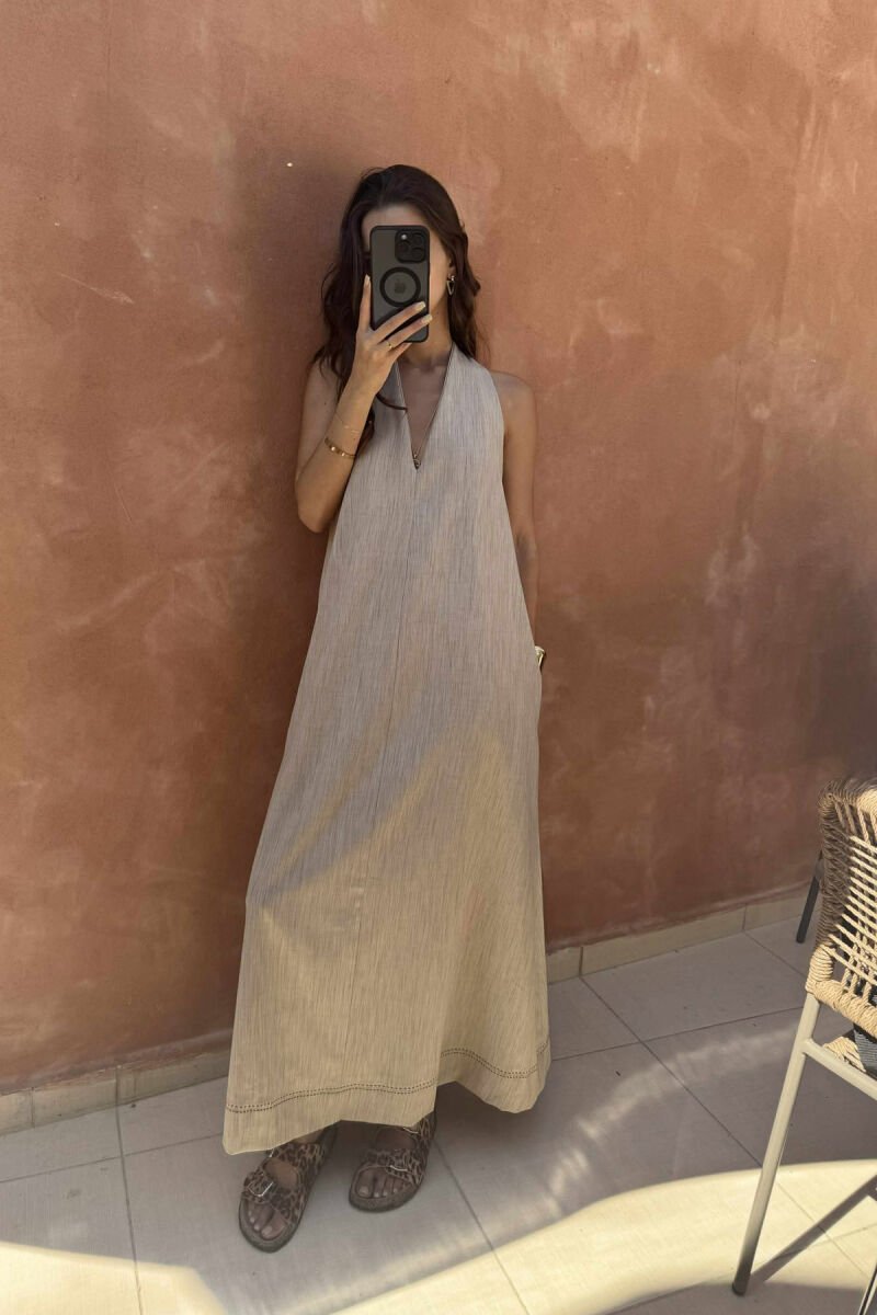OPEN BACK ONE COLOR LONG WOMEN DRESS BEIGE/BEZHE - 1