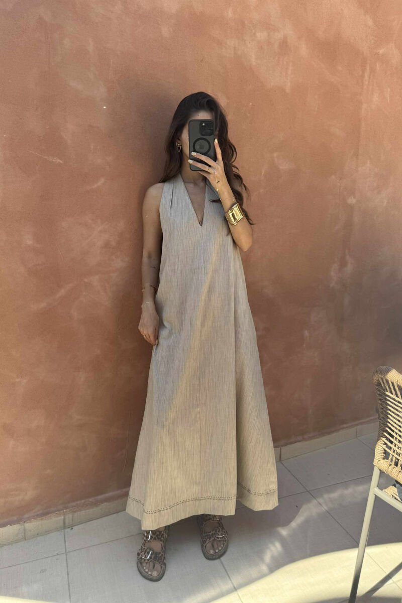 OPEN BACK ONE COLOR LONG WOMEN DRESS BEIGE/BEZHE - 3