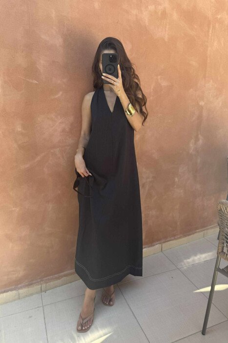 OPEN BACK ONE COLOR LONG WOMEN DRESS BLACK/ E ZEZE 