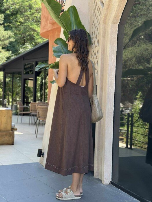 OPEN BACK ONE COLOR LONG WOMEN DRESS BROWN/KAFE - 9