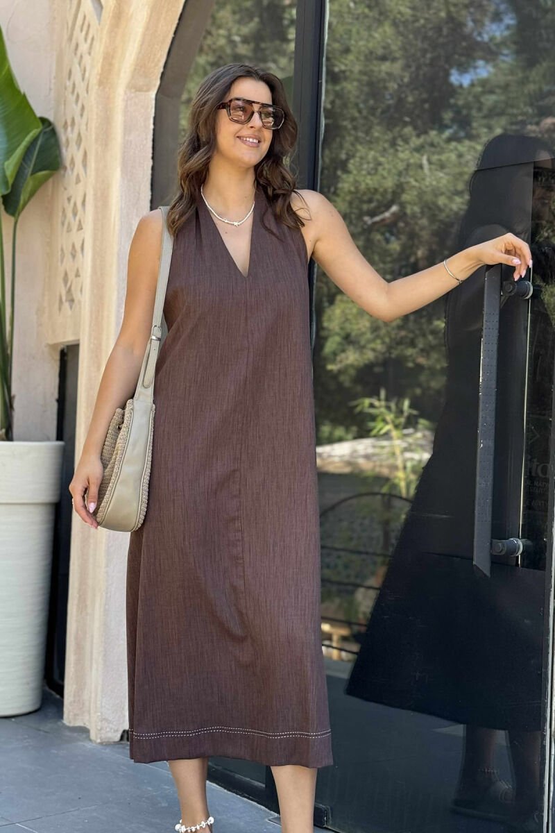 OPEN BACK ONE COLOR LONG WOMEN DRESS BROWN/KAFE - 6