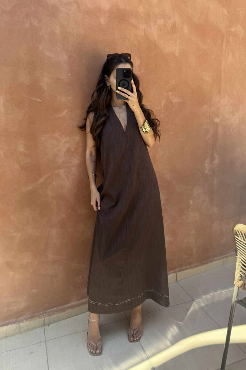 OPEN BACK ONE COLOR LONG WOMEN DRESS BROWN/KAFE - 1