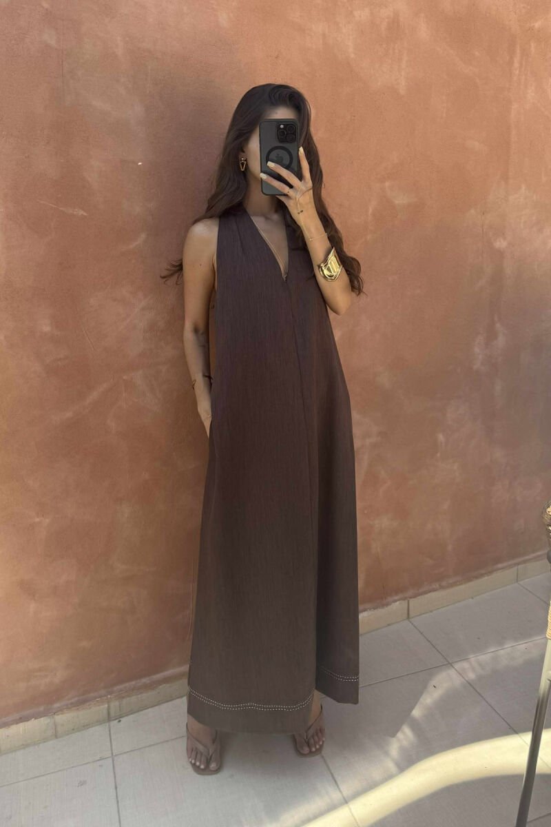 OPEN BACK ONE COLOR LONG WOMEN DRESS BROWN/KAFE - 2