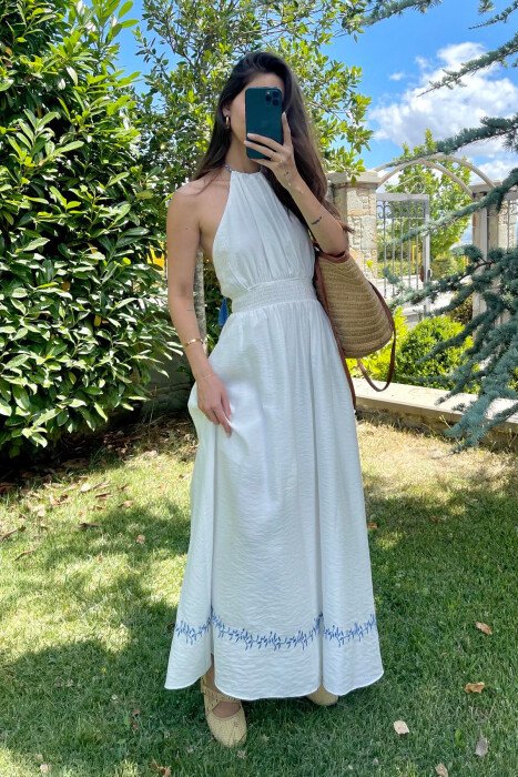 OPEN BACK ONE COLOR LONG WOMEN DRESS WHITE-E BARDHE - KLAUDIO FASHION