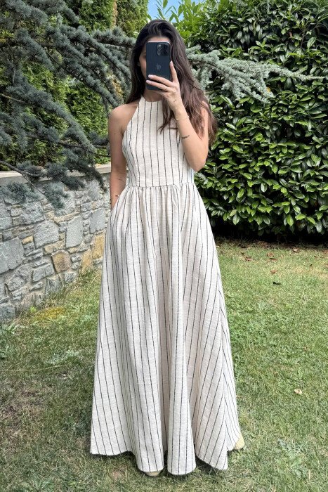 OPEN BACK STRIPES LONG WOMEN DRESS CREAM+BLACK/KREM+ZEZE - KLAUDIO FASHION