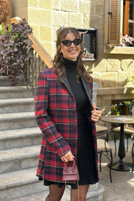 OPEN COLLAR WOMEN COAT RED-BLACK/KUZE - KLAUDIO FASHION