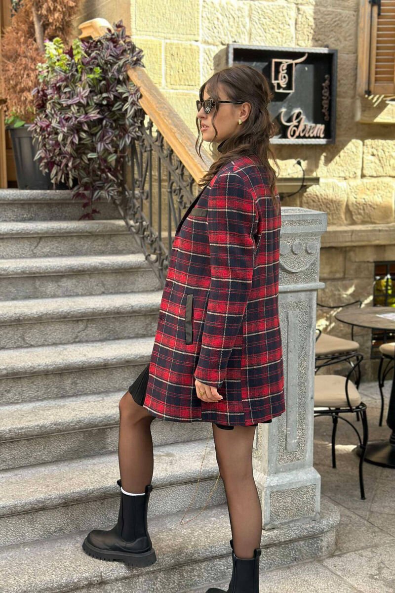 OPEN COLLAR WOMEN COAT RED-BLACK/KUZE - 2