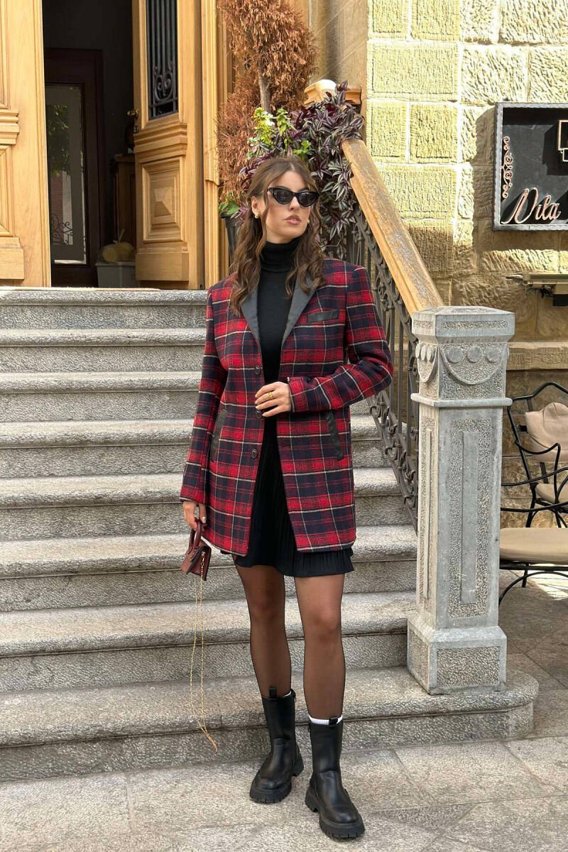 OPEN COLLAR WOMEN COAT RED-BLACK/KUZE - 4