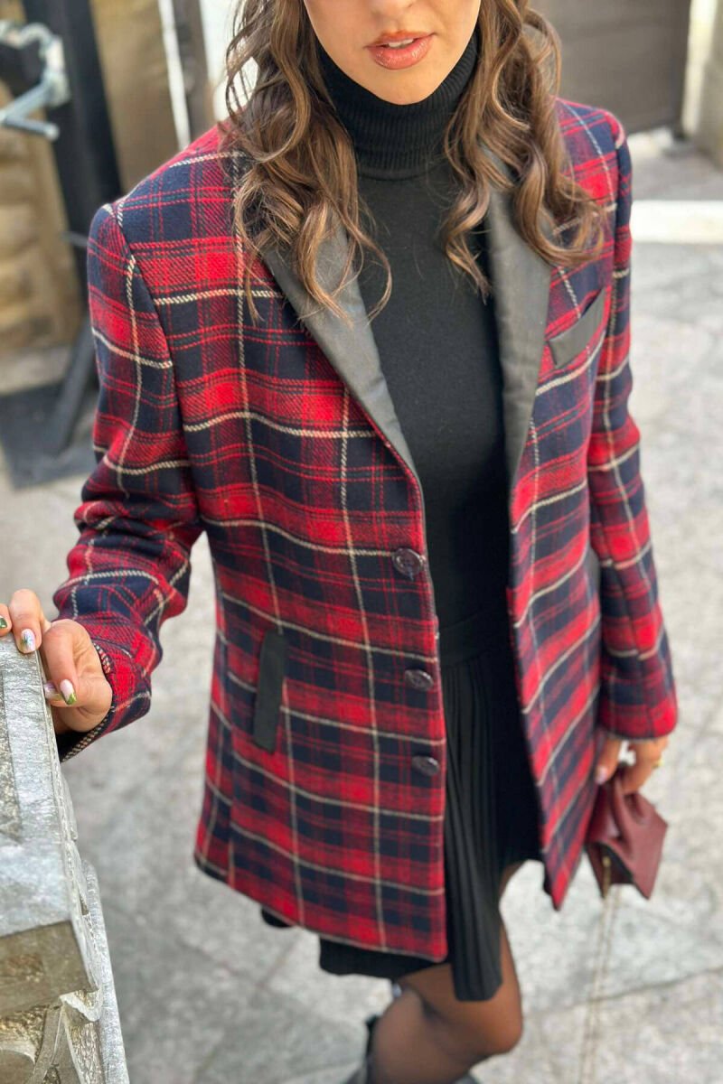 OPEN COLLAR WOMEN COAT RED-BLACK/KUZE - 5
