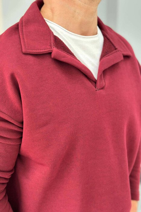 OVERSIZE POLO NECK COTTON MEN SWEATSHIRT BURGUNDY/VISHNJE - 3